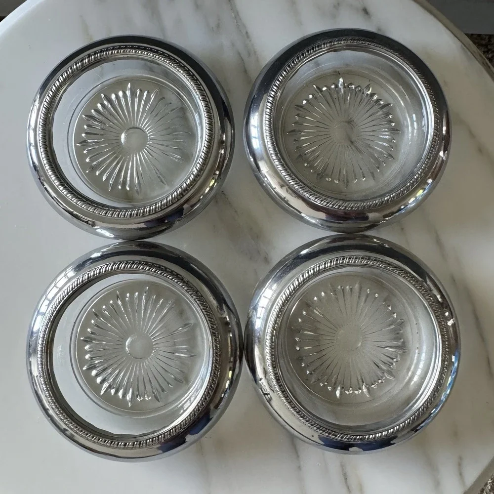 4 Vintage Leonard Old Crystal Glass Drink Coasters Made In Italy Silver Plated